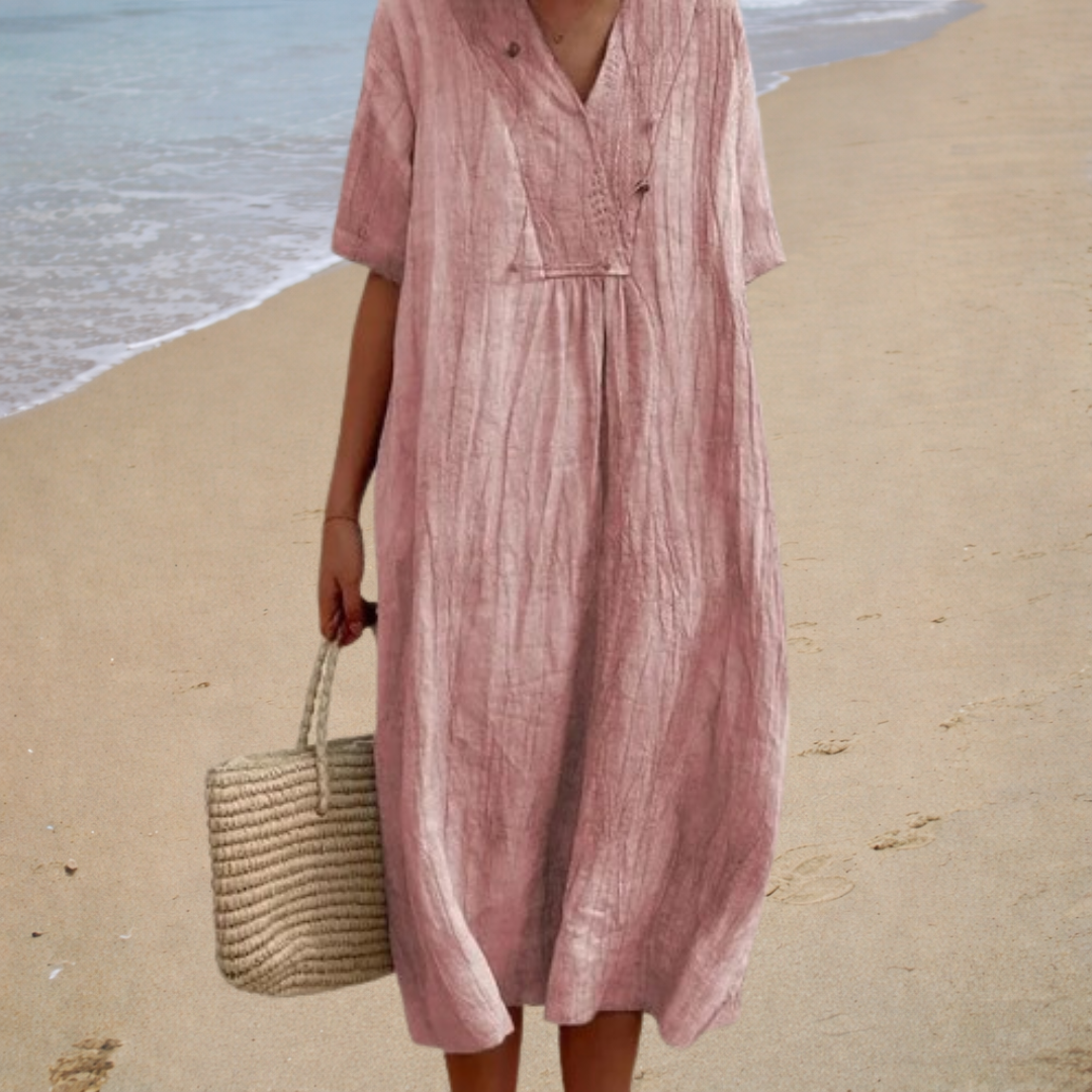 Célia | Robe Midi Unie à Col V Décontracté