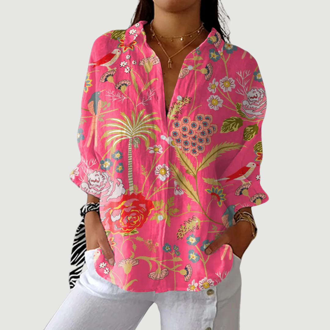 Éléonore | Blouse florale éclatante à col boutonné