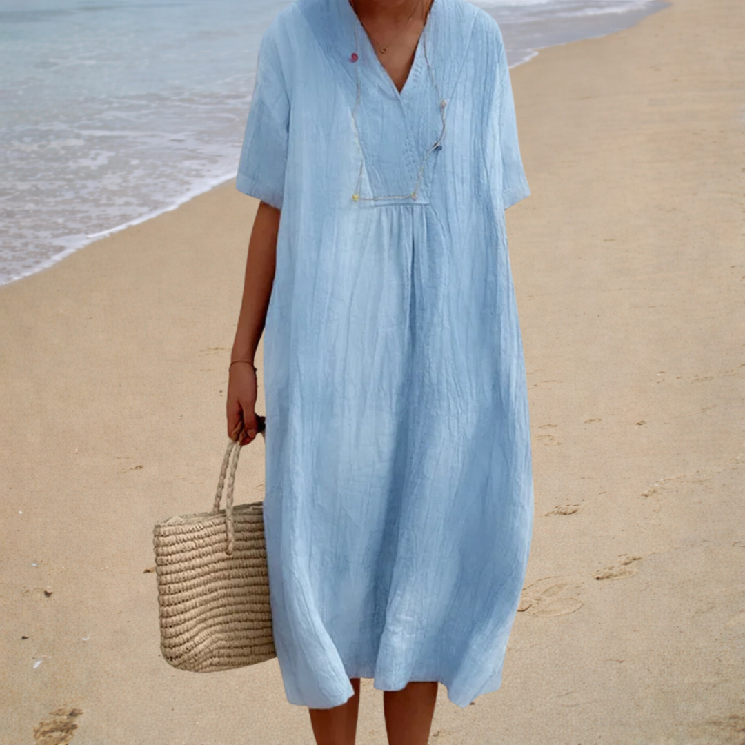 Célia | Robe Midi Unie à Col V Décontracté