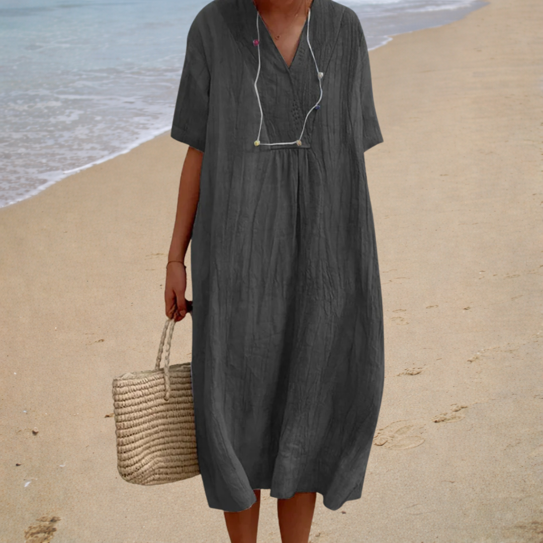 Célia | Robe Midi Unie à Col V Décontracté