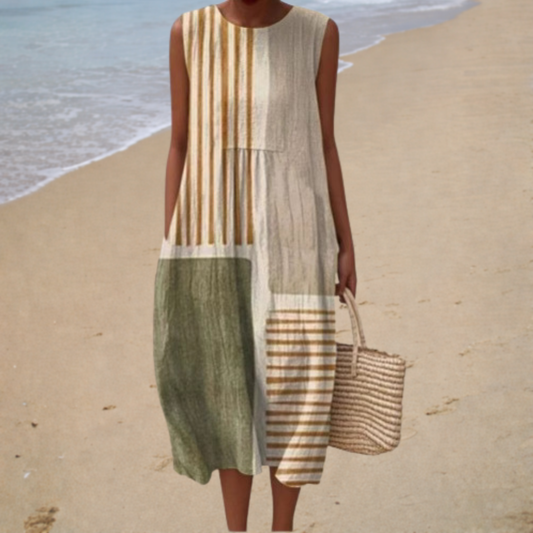 Auriane | Robe Midi Patchwork à Motifs Naturels