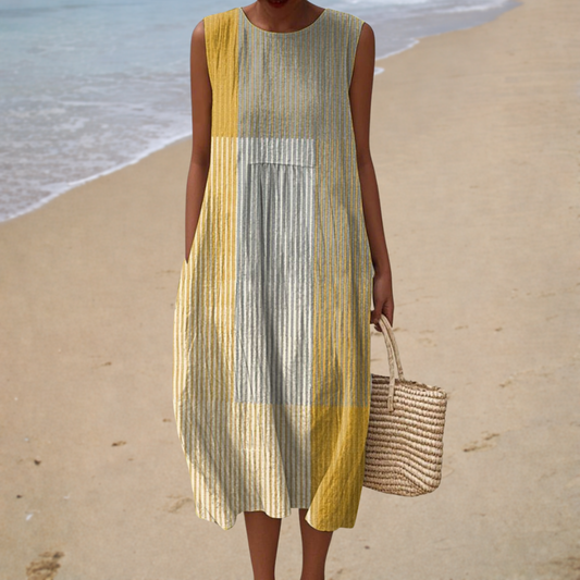 Solène | Robe Midi Rayée à Blocs de Couleurs