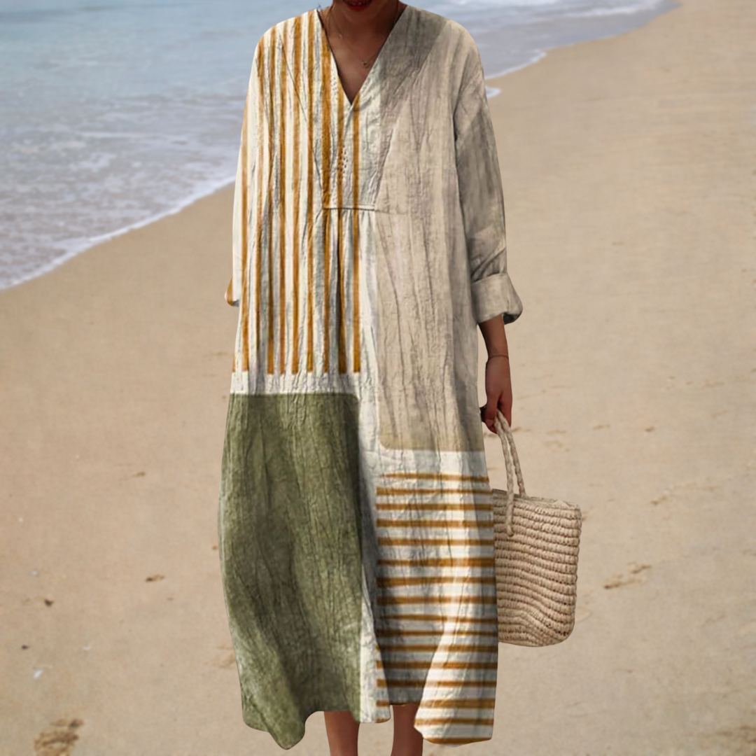 Maëlys | Robe Longue Patchwork à Col V Élégant