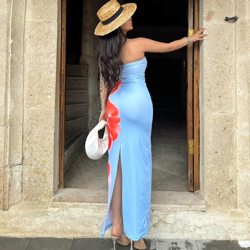 Aurélie | Robe Longue Bustier Fendue Imprimée d'Été
