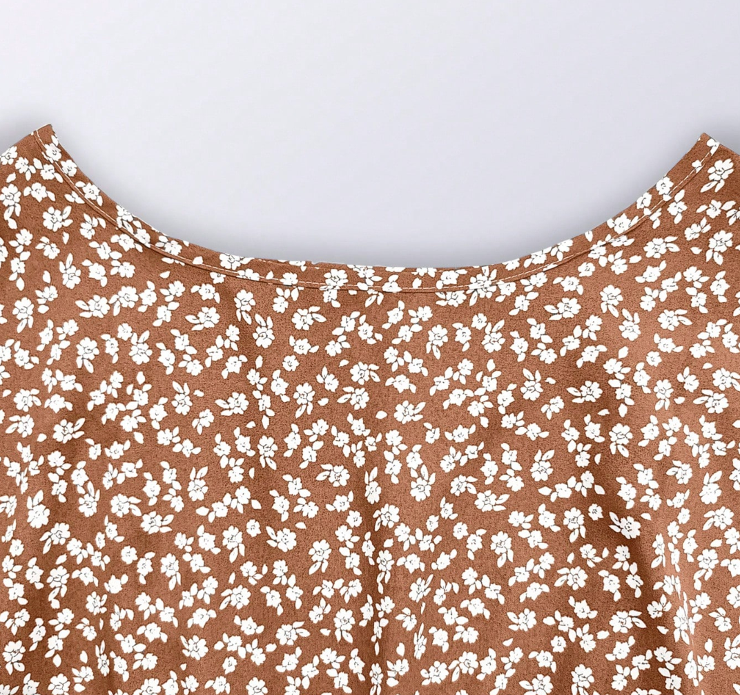 Amandine | Robe Midi Fleurie Plissée à Taille Nouée