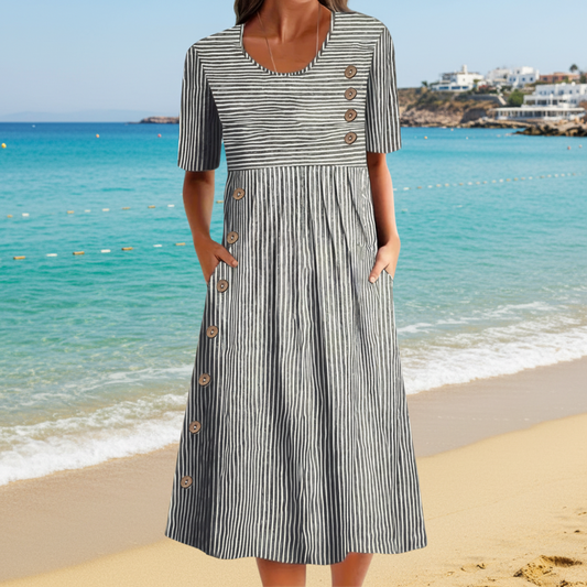 Océane | Robe Midi Rayée à Boutons Décoratifs
