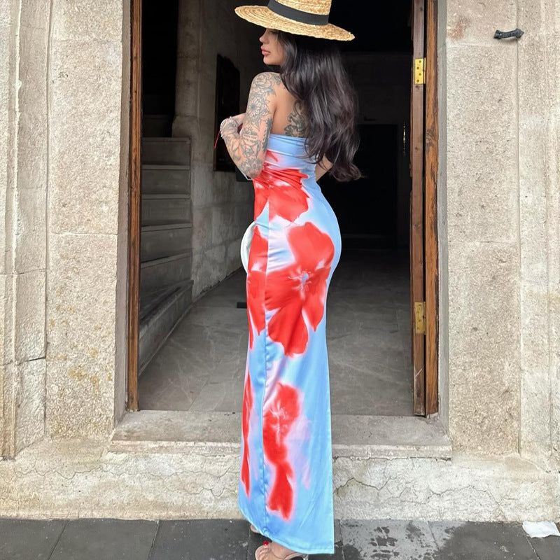 Aurélie | Robe Longue Bustier Fendue Imprimée d'Été